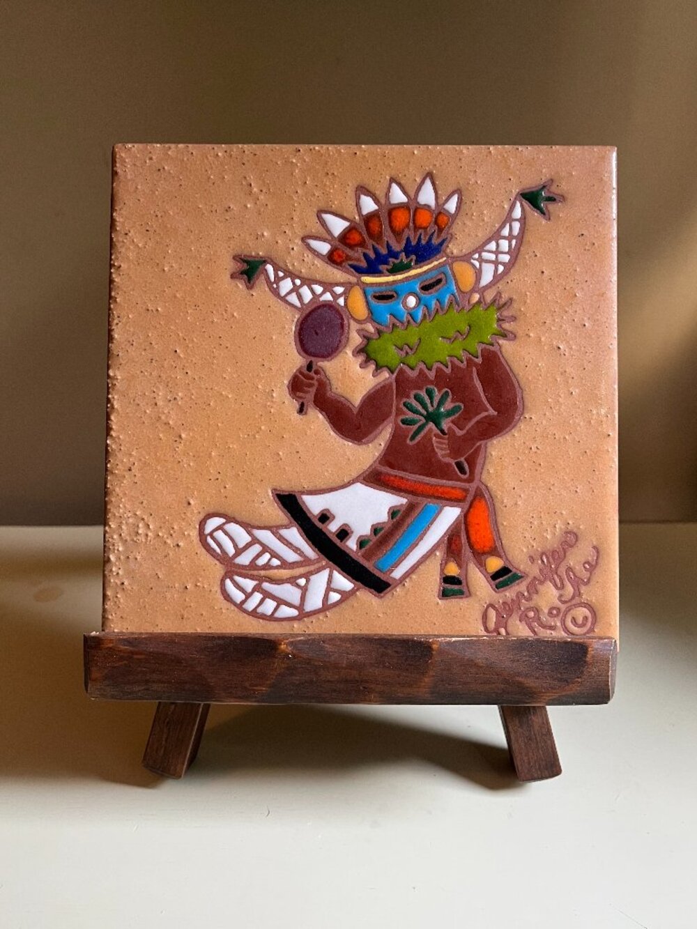 Vintage Southwest Native American Art Tile Featuring Kachina Figure Signed